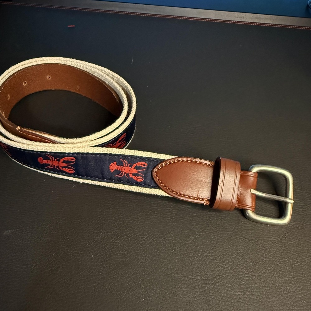 J.Crew Belt Mens 38 Nautical Lobster Embroidered Web Canvas Leather Buckle